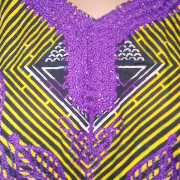 Amazing caftan style dress in cotton print yellow purple black One Size NWOT - Picture 5 of 11